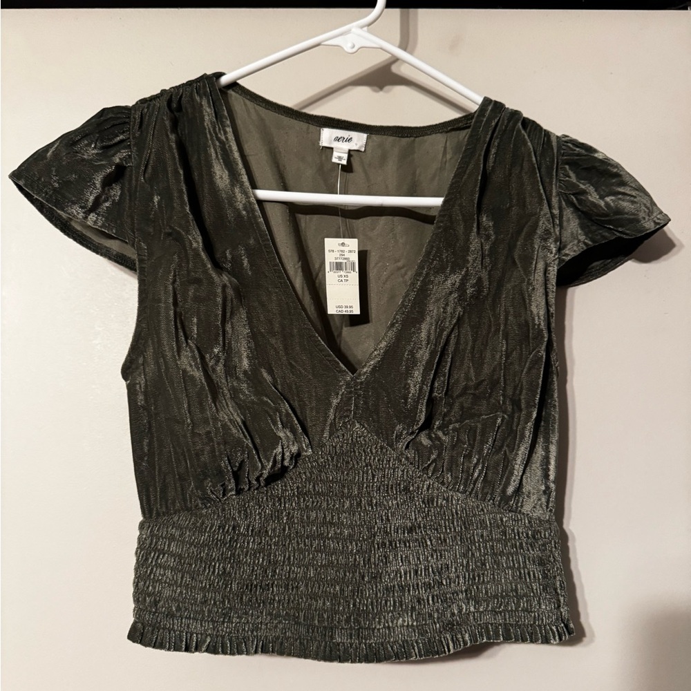 Aerie Olive V-Neck Textured Crop Top